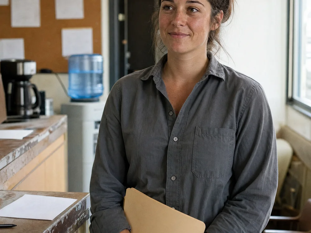 A young electrician waits in a contractor's front office holding a folder